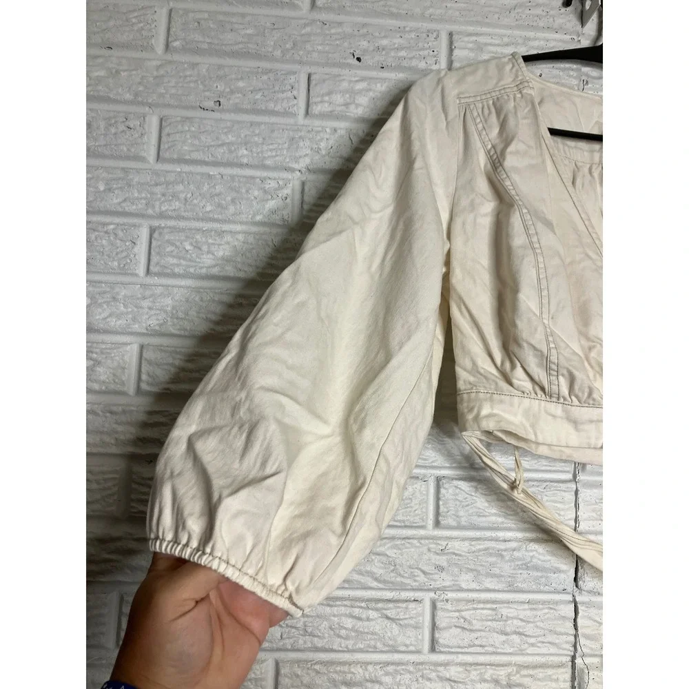 Free People Sophie wrap Top Womens XS Ivory Excellent Puff Sleeve Tie Waist Crop